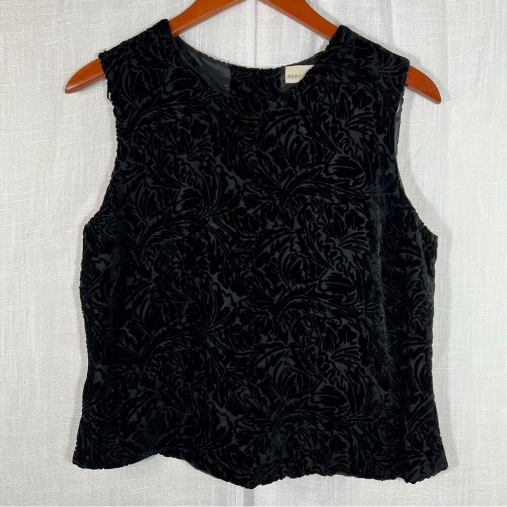 Merona Black Leaves Velour Textured Sleeveless Back Button Tank Top